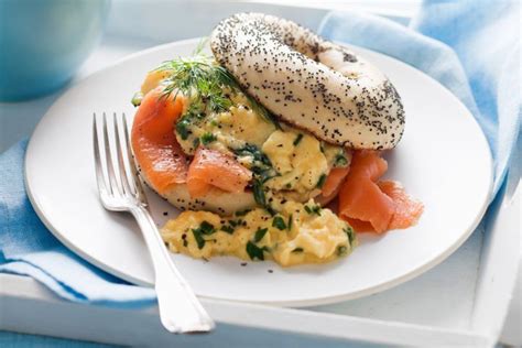 16 of 23 breakfast egg salad. Smoked salmon bagels with herbed scrambled eggs