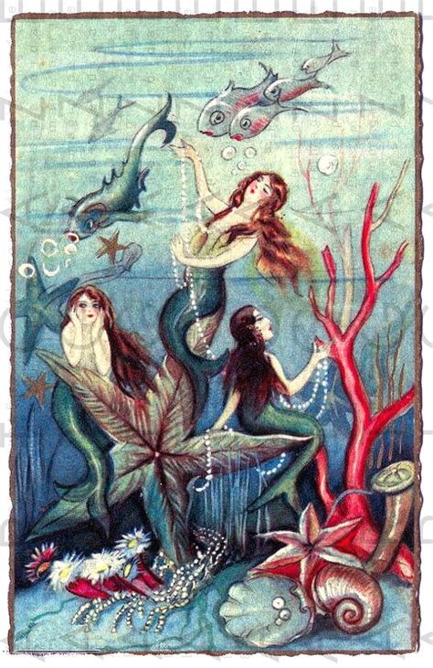 Stunning Art Deco Mermaids And Starfish Vintage Mermaid Etsy