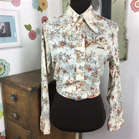 Vtg Butterfly Collar Shirt Dearborn Ladies Scenic Novelty Print Blouse