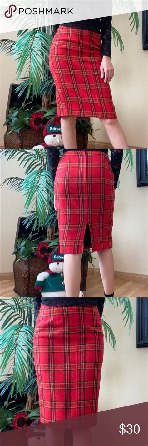 Vintage Wool Red Plaid Pencil Skirt In 2020 Red Plaid Pencil Skirt