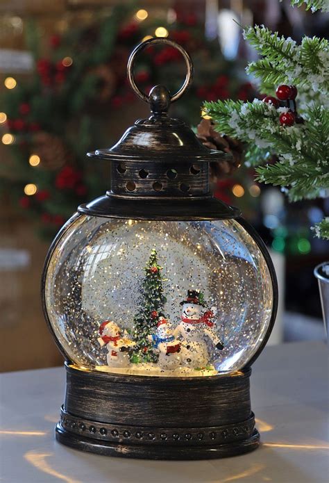 11 Inch Caroling Snowmen Wide Lighted Water Lantern With Swirling