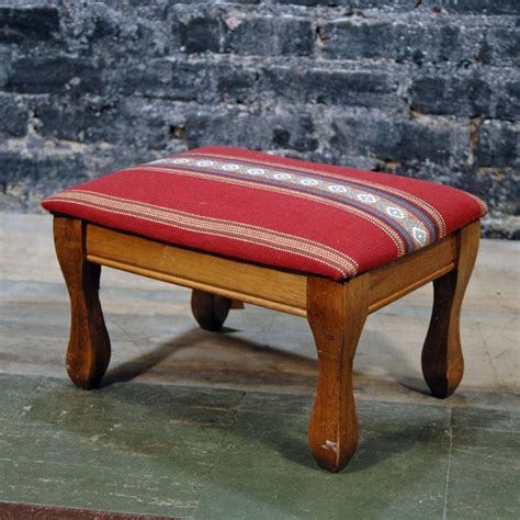 Small Vintage Wooden Upholstered Footstool With Red Etsy