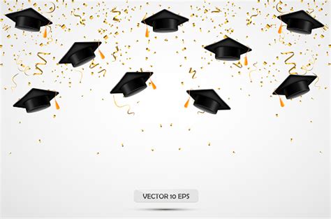 Graduation Hats With Confetti Celebration Background Vector Stock