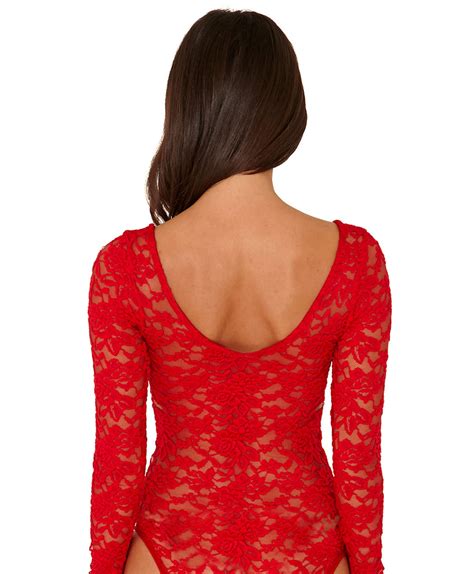 missguided arin long sleeve lace bodysuit in red in red lyst