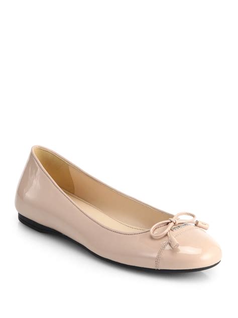 Prada Patent Leather Bow Ballet Flats In Natural Lyst