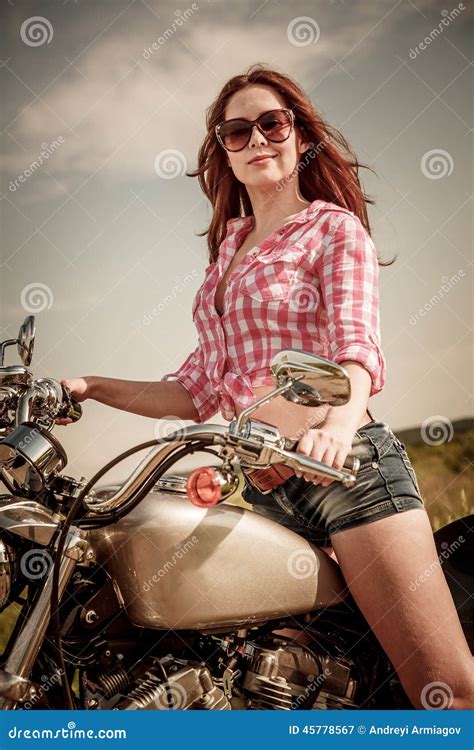 Biker Girl Sitting On Motorcycle Stock Photo Image 45778567