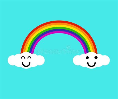 Rainbow In The Sky With Cute Smiling Clouds Characters Stock Vector