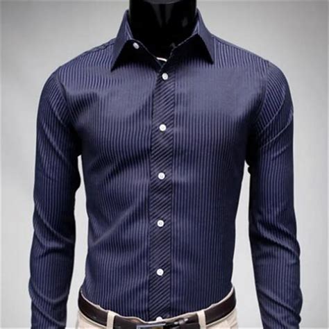 Europe Style Male Dress Shirt Classic Dark Blue Striped Formal Shirts