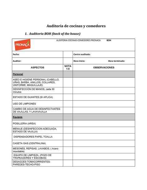 Formato Auditoria En Cocinas Y Comedores Auditoria De Cocinas Y
