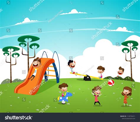 Children Playing Playground Cartoon Vector Illustration стоковая