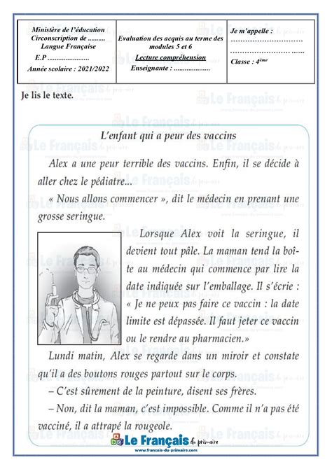 Evaluation Lecture 4ème année Module 5 et 6 Le français du primaire