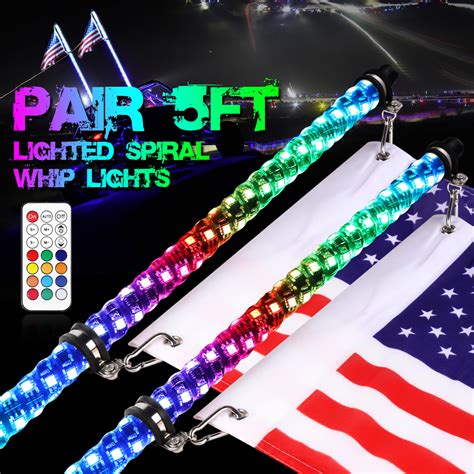 2x5ft Rgb Led Spiral Whip Light With Remote Flag Multi Color Chase