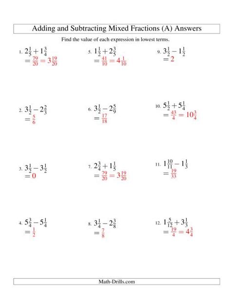 Add Subtracting Fractions And Mixed Numbers Worksheet Answers