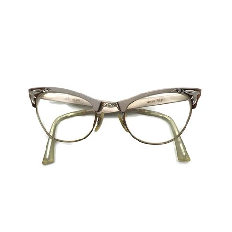 Vintage 1950s Eyeglasses Silver And Rose Pink Aluminum Frames Cat Eye Glasses Etched Metal