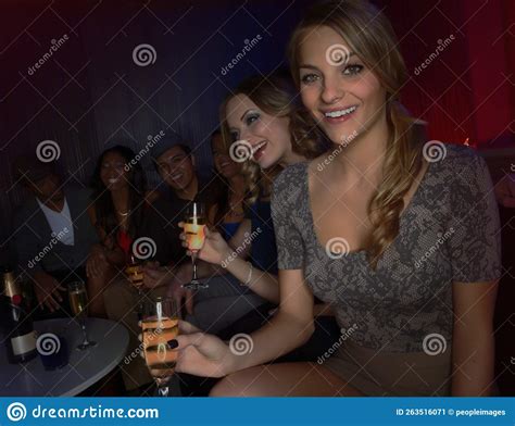 Friends Champagne And Party Portrait In Nightclub For Birthday
