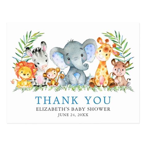 Watercolor Safari Animals Baby Shower Thank You Postcard