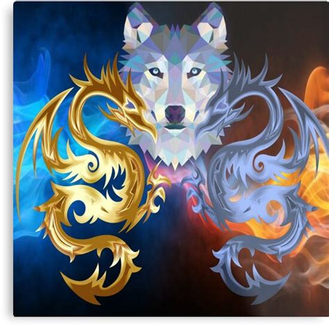Dragon And Wolf In Red And Blue Fire And Ice Metal Prints By Aryali