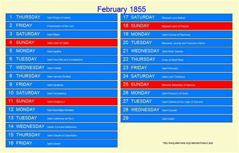 February 1855 Roman Catholic Saints Calendar