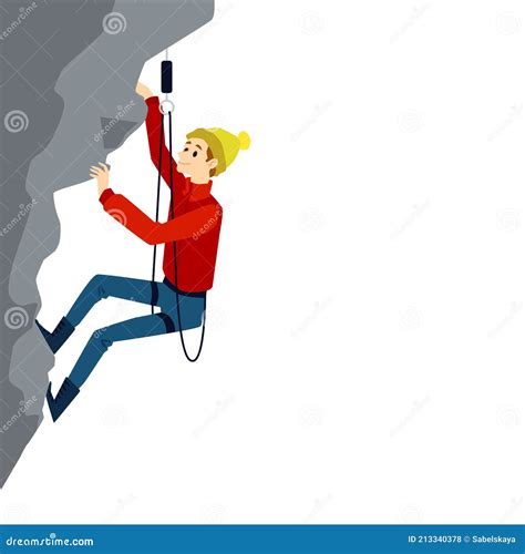 Cartoon Mountain Climbing Man With Equipment Mid Climb On A Grey Cliff