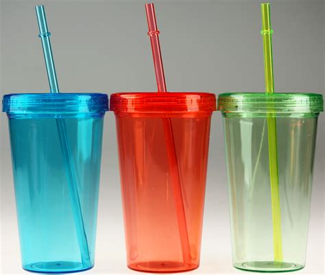 Set Of 3 Plastic Transparent Drinking Tumbler Cups With Lid And Straw