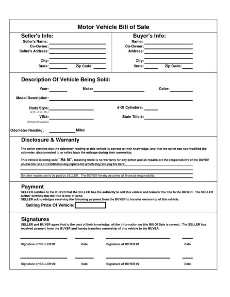 Bill Of Sale For Motor Vehicle Pdf Bill Of Sale Template Word
