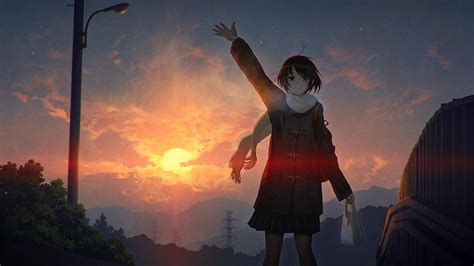 Download 1920x1080 Wallpaper Anime Girl Outdoor Sunset