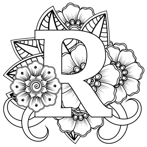 Letter R With Mehndi Flower Decorative Ornament In Ethnic Oriental