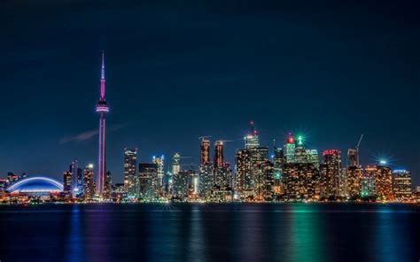 ダウンロード画像 灯り, トロント, オンタリオ, 高層ビル群, 夜, テレビ塔, 湾, カナダ | Торонто, Канада и Обои