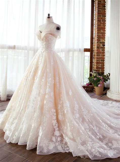 Champagne Ball Gown Off The Shoulder Appliques Wedding Dress Wedding