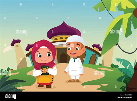 A Vector Illustration Of Muslim Kids Leaving A Mosque Stock Vector
