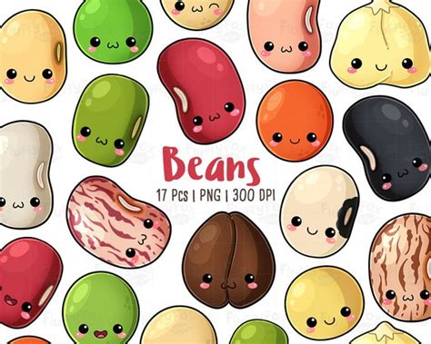 Kawaii Beans Clipart Cute Bean Faces Clip Art Seeds Cartoon Etsy