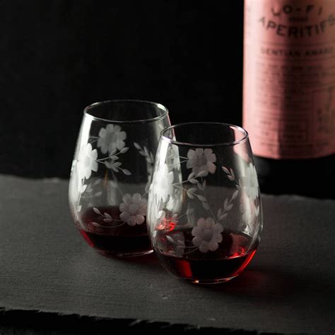 Hand Engraved Floral Stemless Wine Glasses Set Of Two Etsy