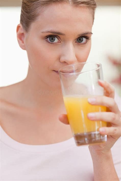 Portrait Of A Woman Drinking Juice Stock Image Image Of Beautiful