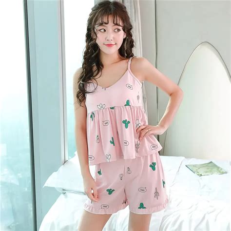 cotton women summer sling sexy pajamas loose nightwear sweet pajama set female printing cute two