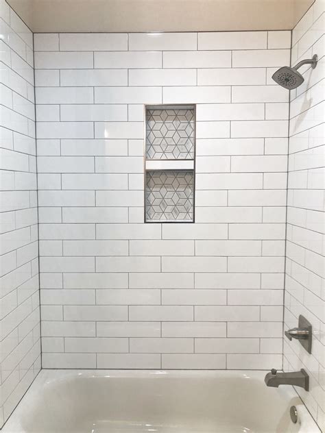 White Subway Tile With Gray Grout Shower Niche White Subway Tile