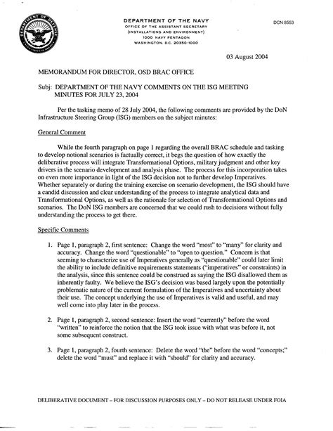 Department Of The Navy Memo For Osd Brac Comments On The Isg Meeting