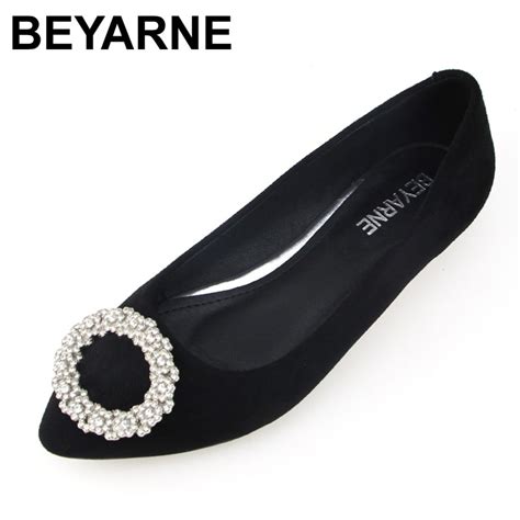 Beyarne New Women Suede Leather Flats Fashion Black High Quality Rhinestone Pointy Toe Ballerina