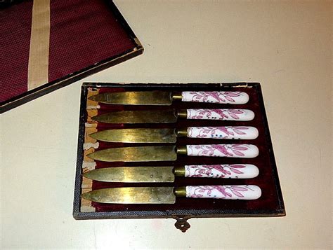 Set Of 6 Antique Stahl Bronce Porcelain Handle Fruit Knives W