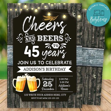 Printable 45th Cheers And Beers Birthday Party Invitation Diy
