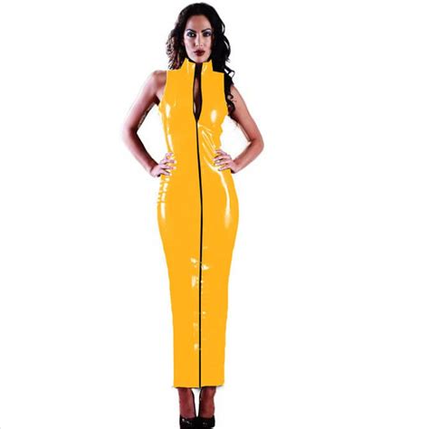 24 Colors Two Way Zipper Front Long Dress Women Sexy Sheath Sleeveless Pvc Clubwear Glossy