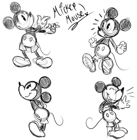 Four Different Mickey Mouses Are Drawn In Black And White
