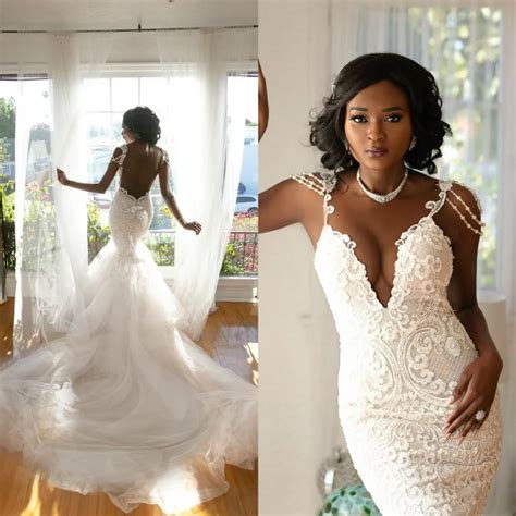 Black Girls Mermaid Wedding Dresses 2021 Lace Appliques Pearls Backless Bridal Gowns Beach