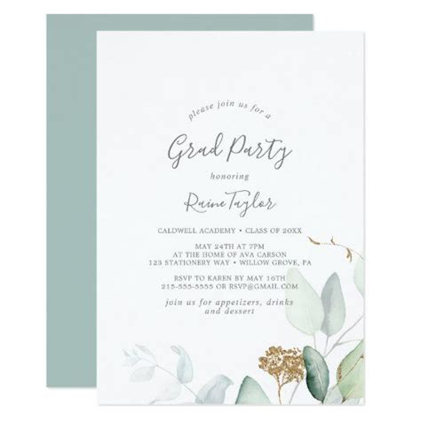 Airy Greenery And Gold Leaf Grad Party Invitation In 2020 Engagement