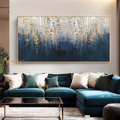 Large Navy Blue Abstract Canvas Art Textured Painting Gold Etsy