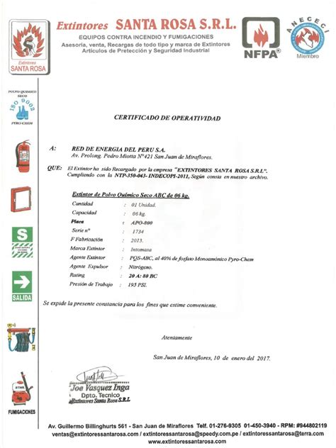 Certificado De Operatividad Extintor Apo 800