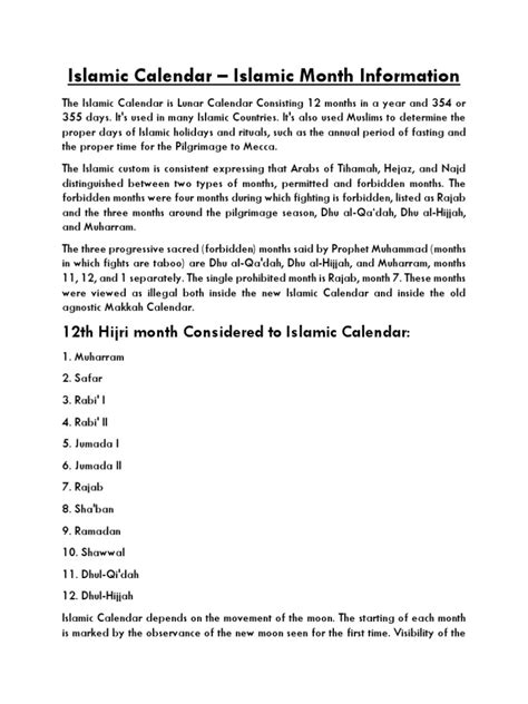 Islamic Calendar Islamic Month Information Pdf Hajj Abrahamic