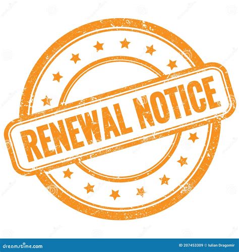 Renewal Notice Text On Orange Grungy Round Rubber Stamp Stock