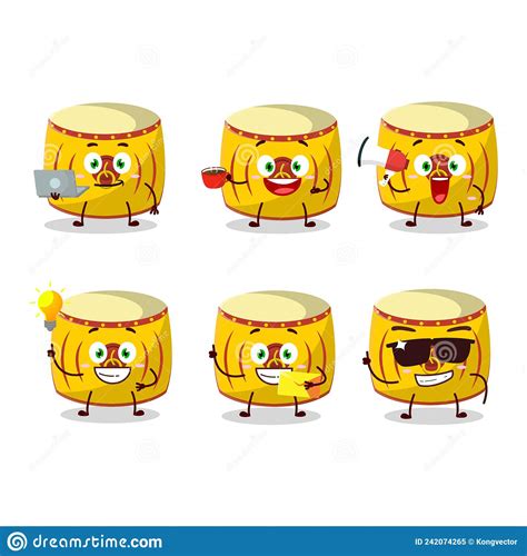 Yellow Chinese Drum Cartoon Character With Various Types Of Business Emoticons Stock Vector