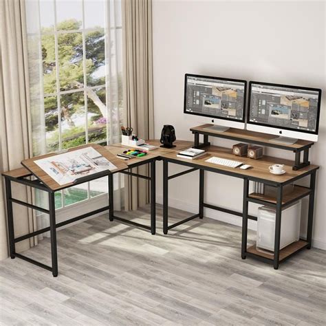 Tribesigns L Shaped Computer Desk With Monitor Stand Riser Home