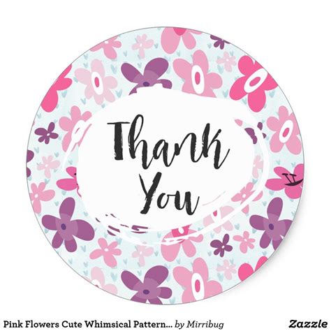 Pink Flowers Cute Whimsical Pattern Thank You Classic Round Sticker